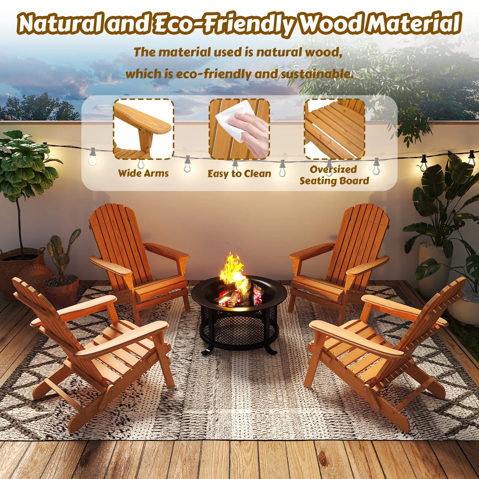Folding Wooden Adirondack Chair Folding Wood Accent Wood Single Chair for Outdoor and Indoor, Wood Lounge Chair, Natural Color