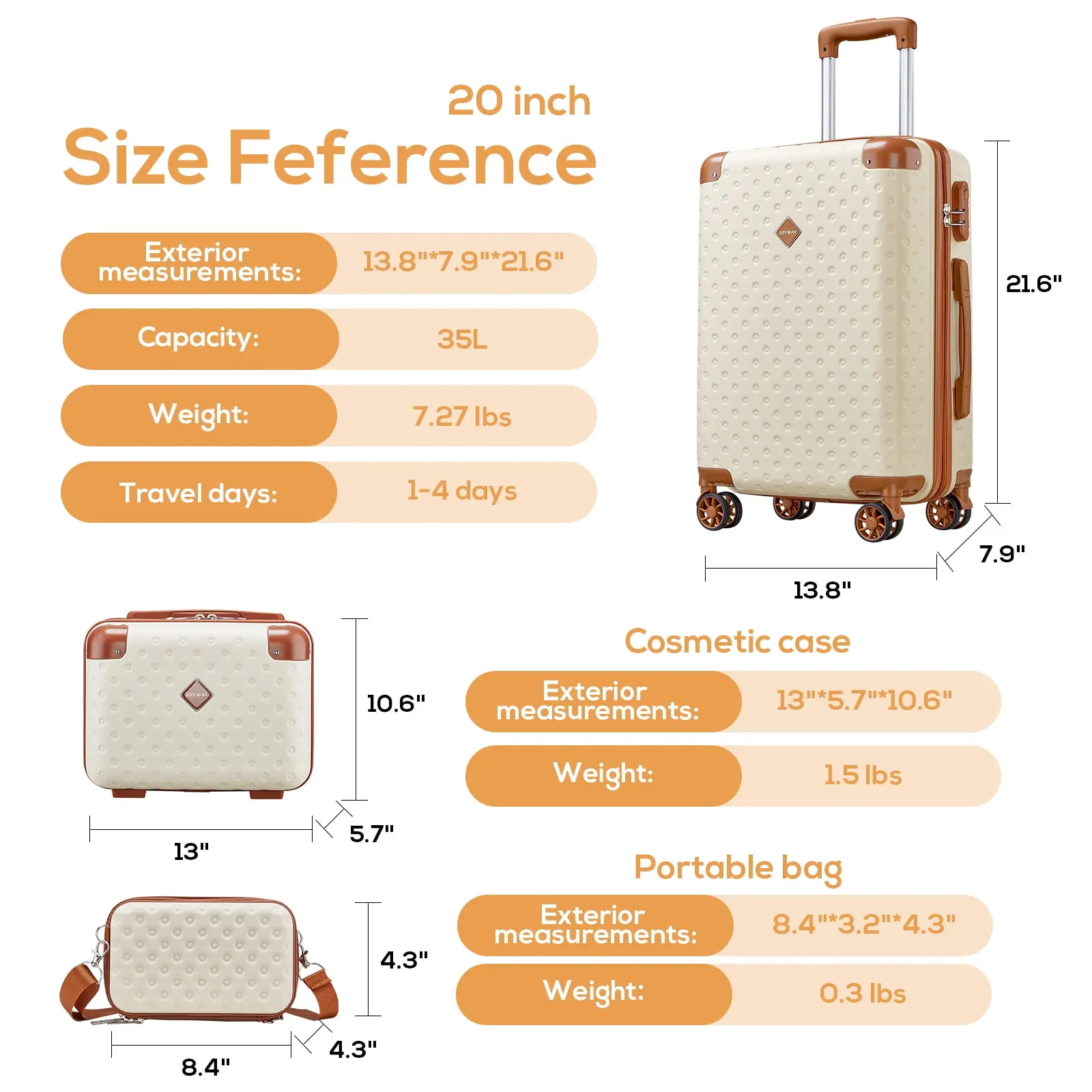 3-Piece Carry-on Luggage Set with Swivel Wheel Combination Lock Lightweight Hard Shell Set-Beige