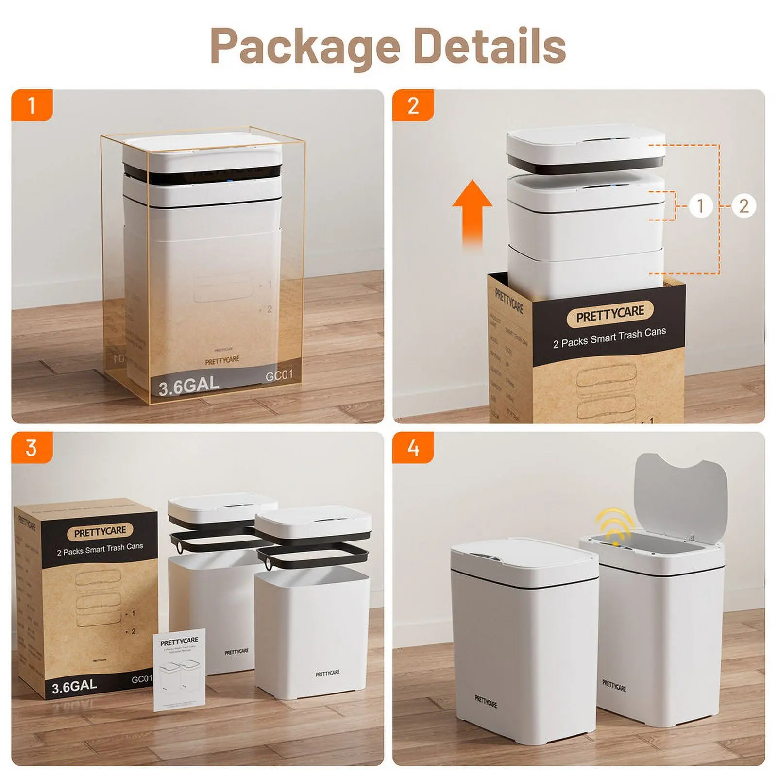 2 Packs 3.6 Gal Automatic Bathroom Trash Cans With Lid Touchless Small Bedroom Garbage Can White GC01