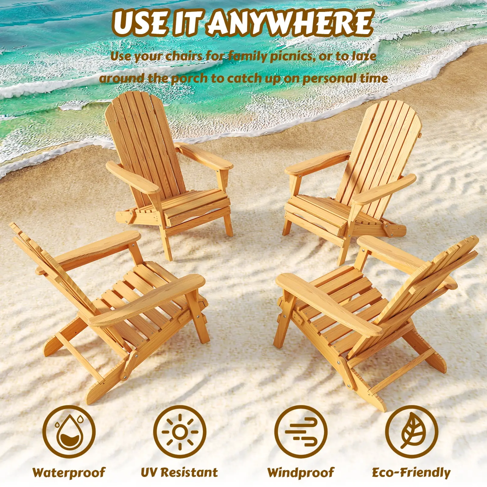 Folding Wooden Adirondack Chair Folding Wood Accent Wood Single Chair for Outdoor and Indoor, Wood Lounge Chair, Natural Color