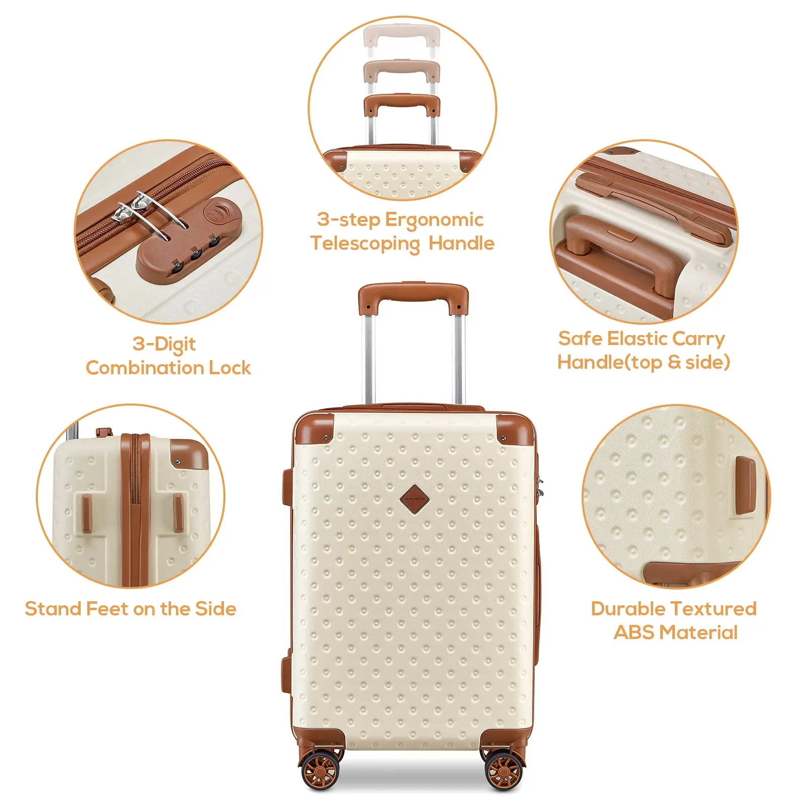 3-Piece Carry-on Luggage Set with Swivel Wheel Combination Lock Lightweight Hard Shell Set-Beige