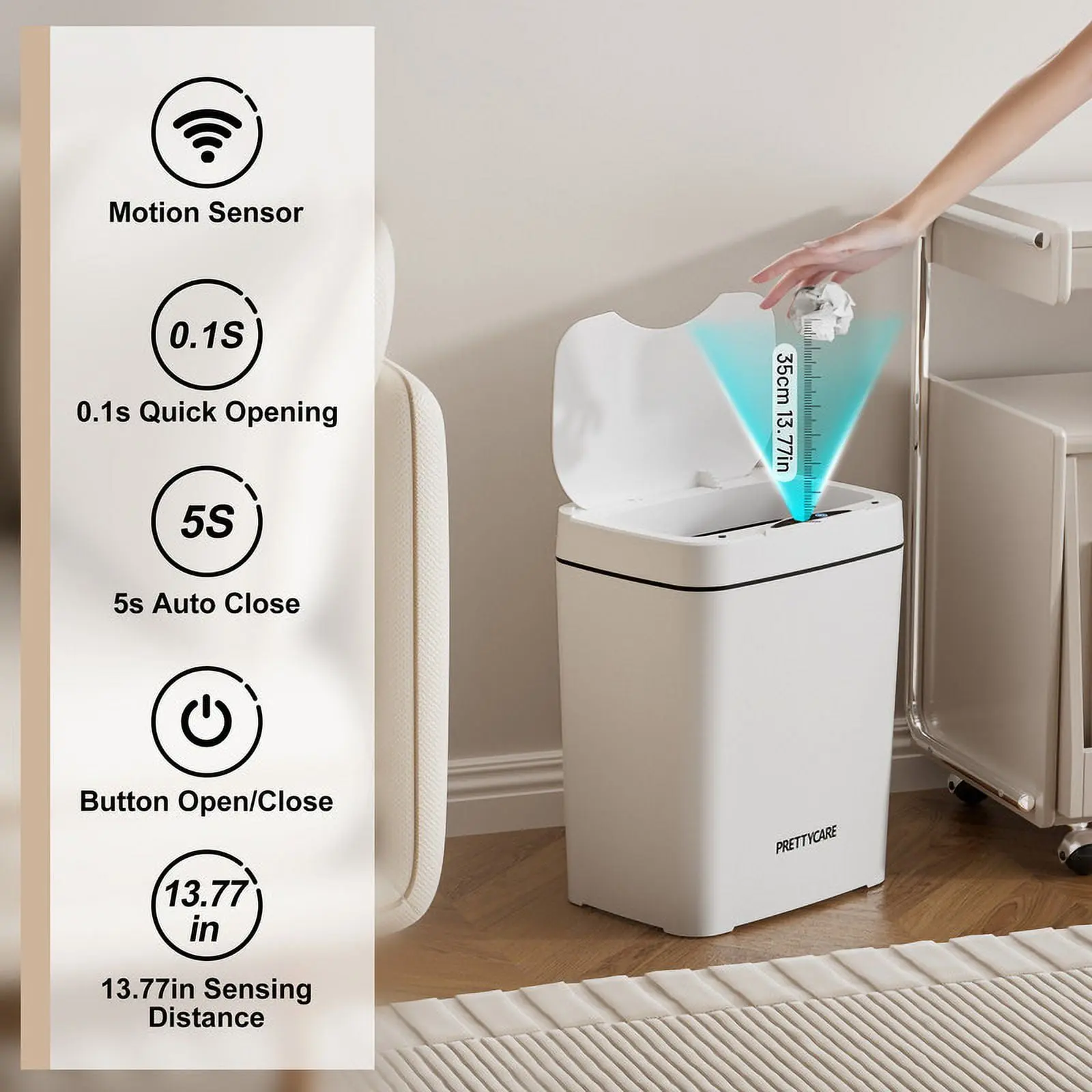 2 Packs 3.6 Gal Automatic Bathroom Trash Cans With Lid Touchless Small Bedroom Garbage Can White GC01