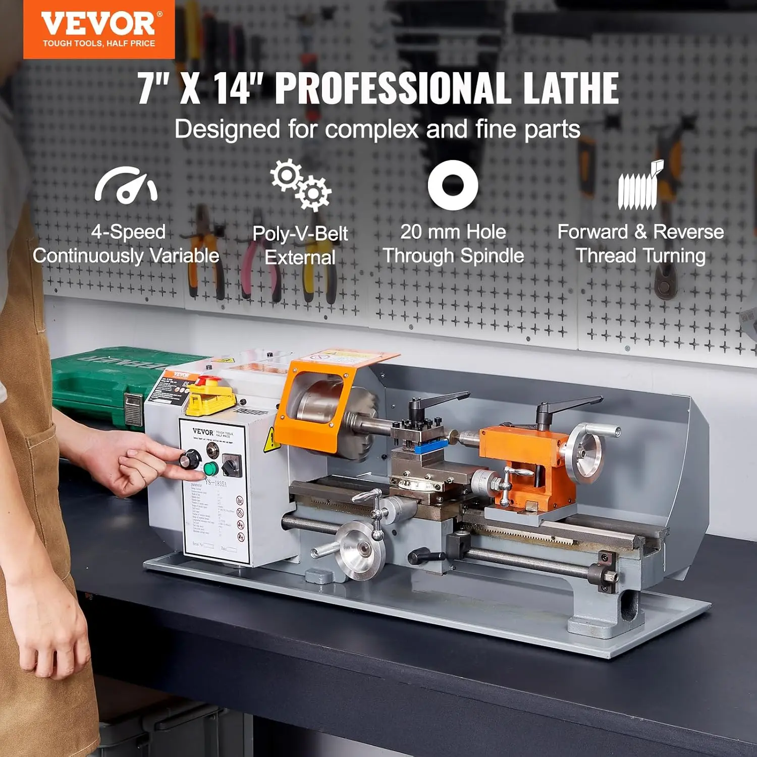 Metal Lathe Machine,7'' x 13.78'',Precision Benchtop Power Metal Lathe, 0-2200 RPM Continuously Variable Speed, 500W Metal Gears