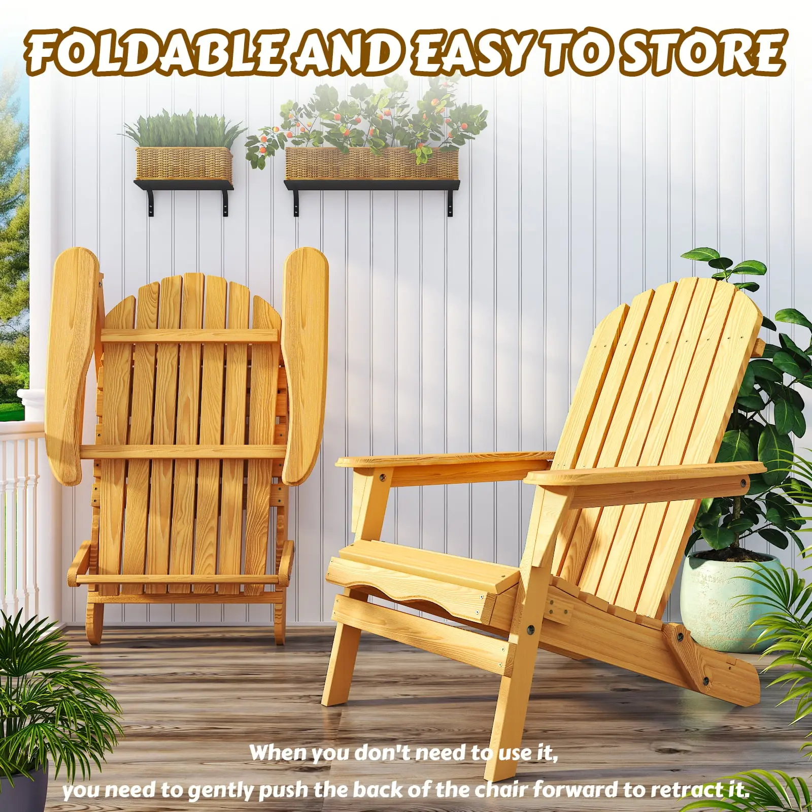 Folding Wooden Adirondack Chair Folding Wood Accent Wood Single Chair for Outdoor and Indoor, Wood Lounge Chair, Natural Color