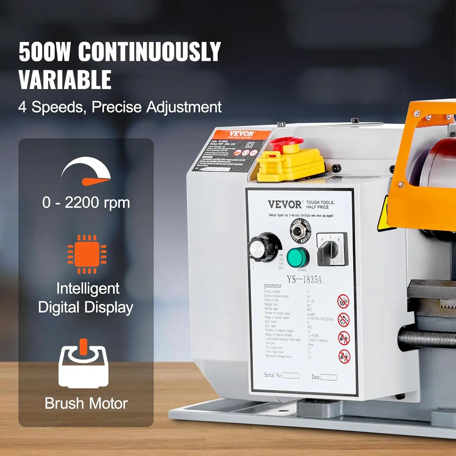 Metal Lathe Machine,7'' x 13.78'',Precision Benchtop Power Metal Lathe, 0-2200 RPM Continuously Variable Speed, 500W Metal Gears