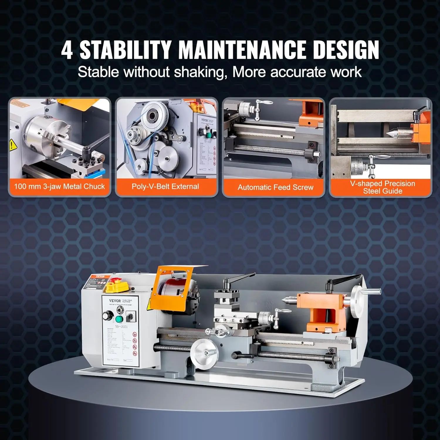 Metal Lathe Machine,7'' x 13.78'',Precision Benchtop Power Metal Lathe, 0-2200 RPM Continuously Variable Speed, 500W Metal Gears