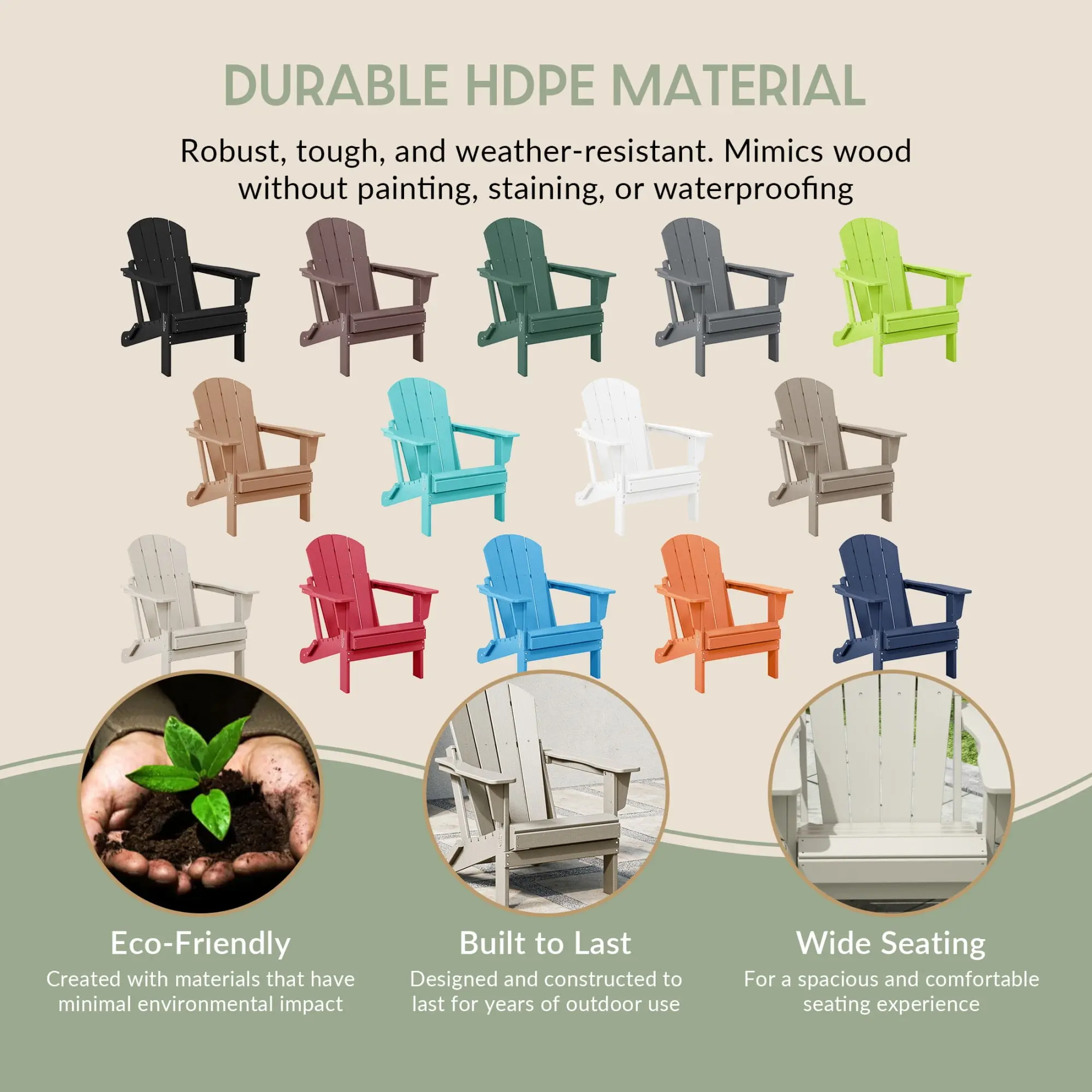 Outdoor Folding HDPE Adirondack Chair, Patio Seat, Weather Resistant, Sand Color