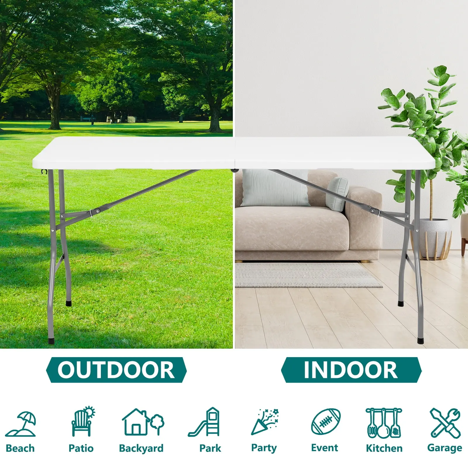 5 ft Folding Table Plastic Foldable Table for Indoor/Outdoor Use, Picnics, Parties, BBQs - 300 lbs Capacity