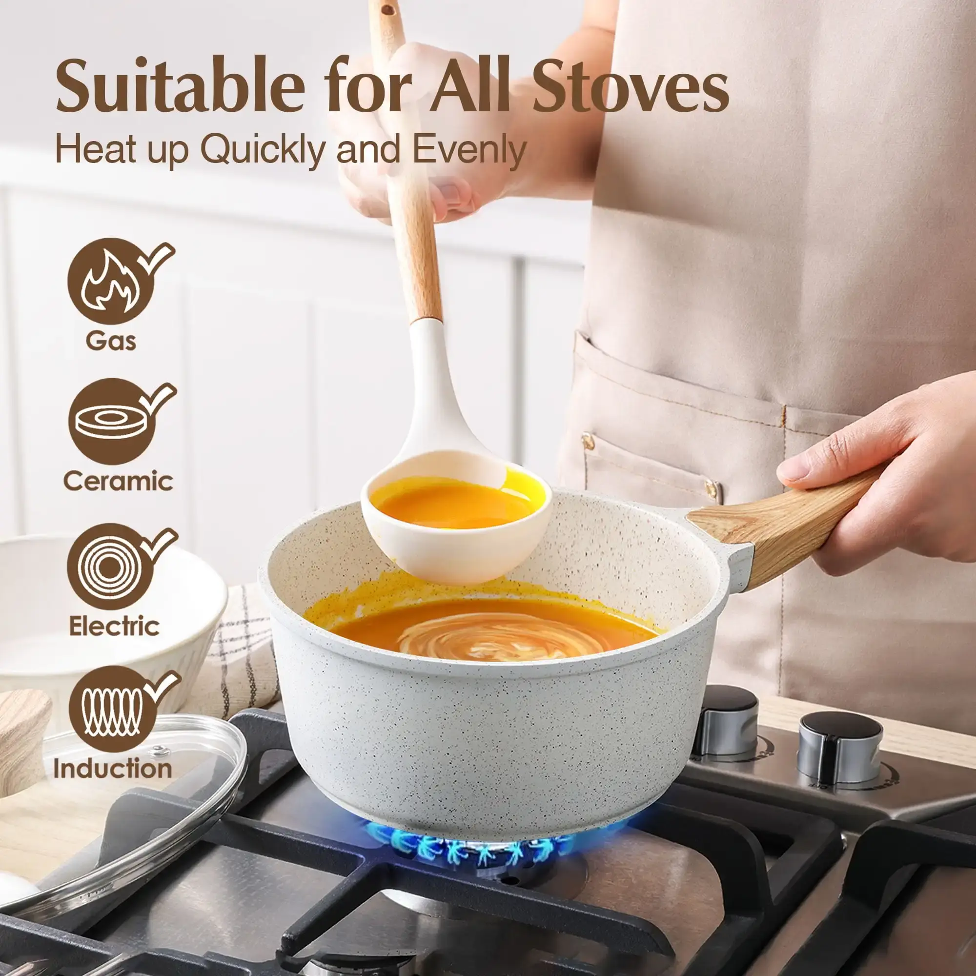 Ceramic Nonstick Pots and Pans Set, 17 Pieces Healthy Non Stick Cookware Set with Pots Protectors, Induction Kitchen Cookware