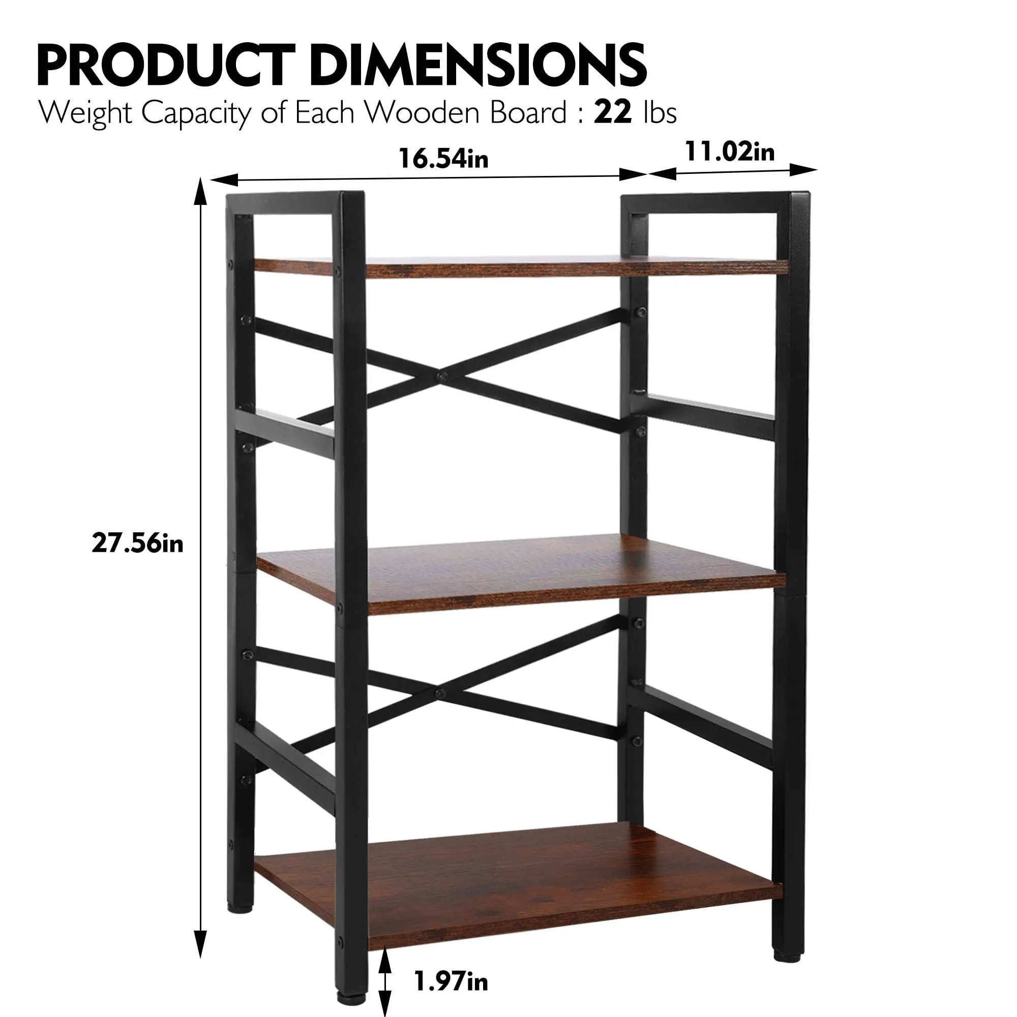 3 Tier Bookshelf, Industrial Small Bookcase Storage Organizer for Living Room, Bedroom