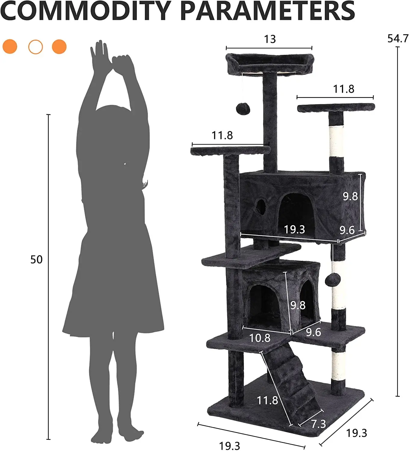 54in Cat Tree Tower, Scratch Posts, Condo, Toys, Dark Gray, Perfect for Active Cats