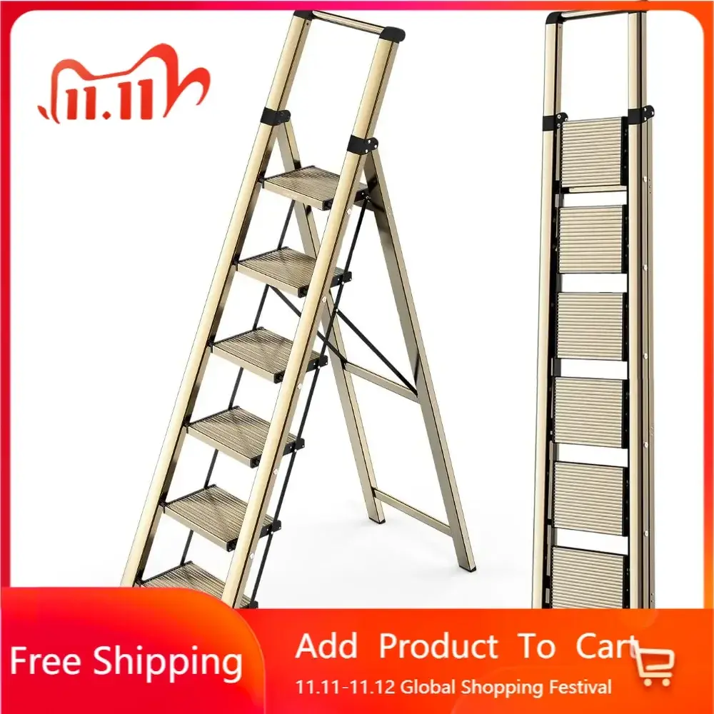6 Step Ladder, Lightweight Folding Ladder with Non-Slip Wide Pedals, Ladder with Safe Grip Handle, Easy to Open and Close, Suit