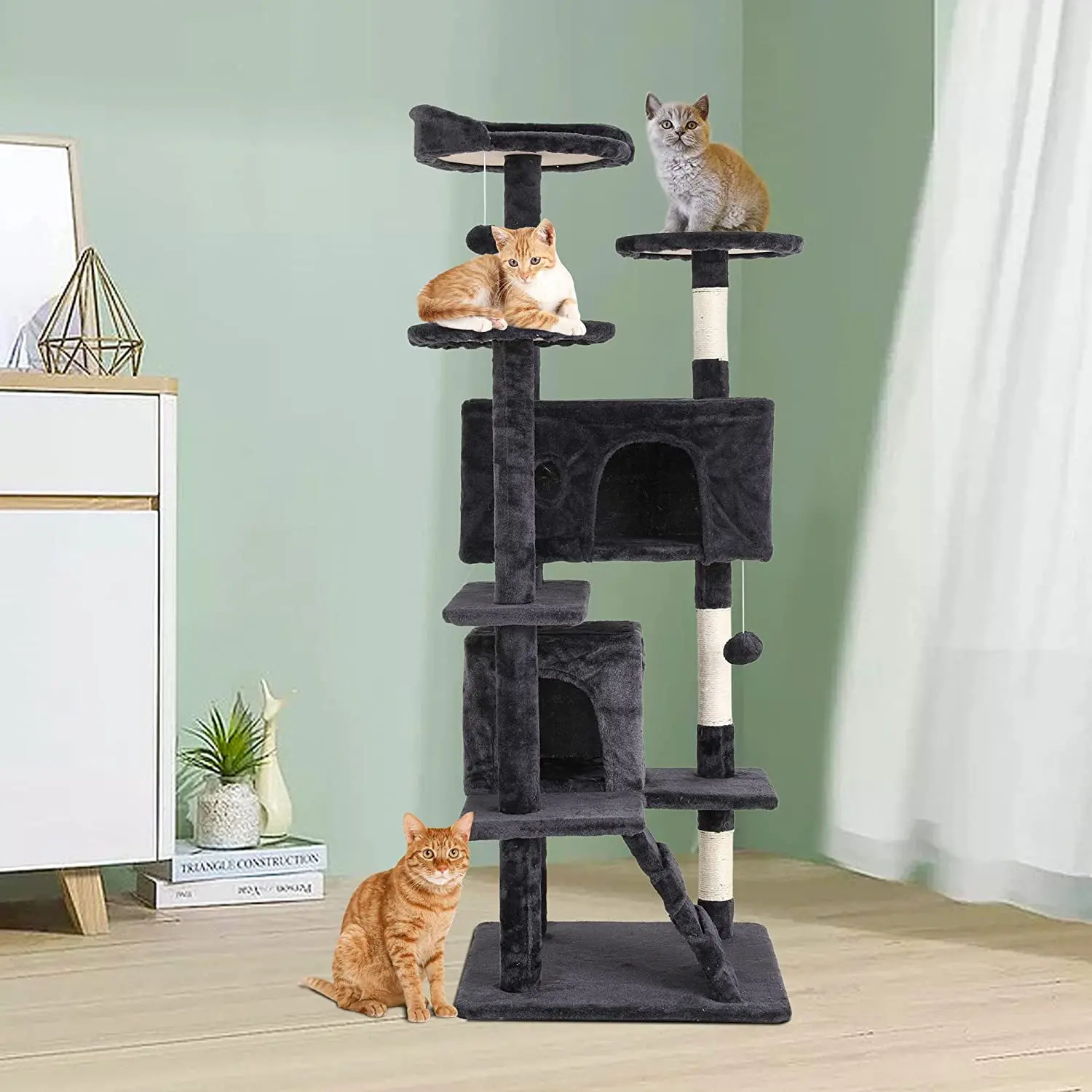 54in Cat Tree Tower, Scratch Posts, Condo, Toys, Dark Gray, Perfect for Active Cats