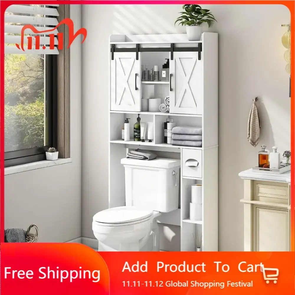 Over The Toilet Storage Cabinet, Farmhouse Storage Cabinet Over Toilet with Sliding Doors，Home Space-Saving Toilet Rack, for Bat