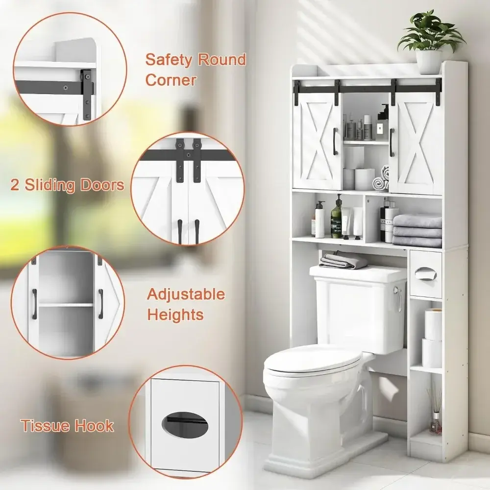 Over The Toilet Storage Cabinet, Farmhouse Storage Cabinet Over Toilet with Sliding Doors，Home Space-Saving Toilet Rack, for Bat