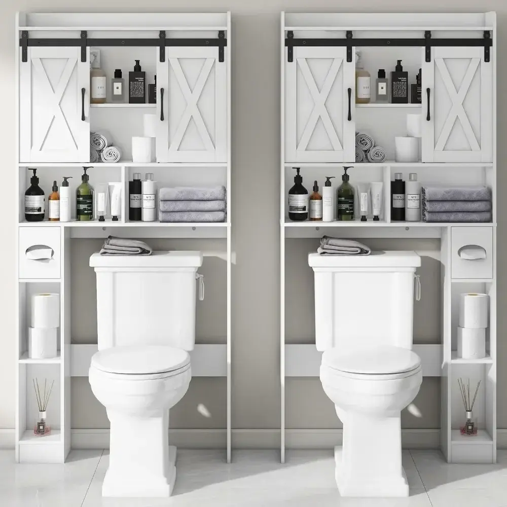 Over The Toilet Storage Cabinet, Farmhouse Storage Cabinet Over Toilet with Sliding Doors，Home Space-Saving Toilet Rack, for Bat