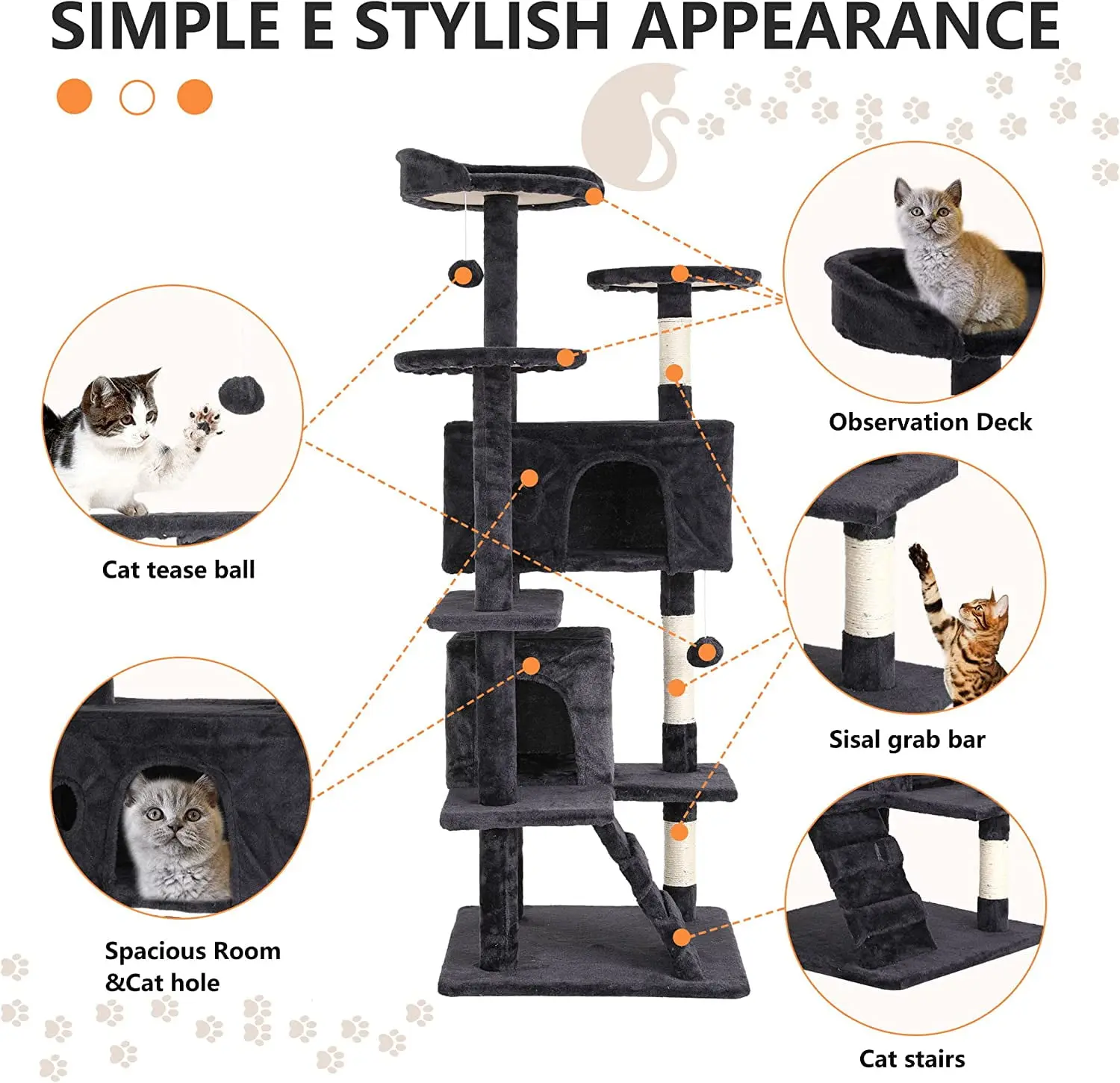 54in Cat Tree Tower, Scratch Posts, Condo, Toys, Dark Gray, Perfect for Active Cats
