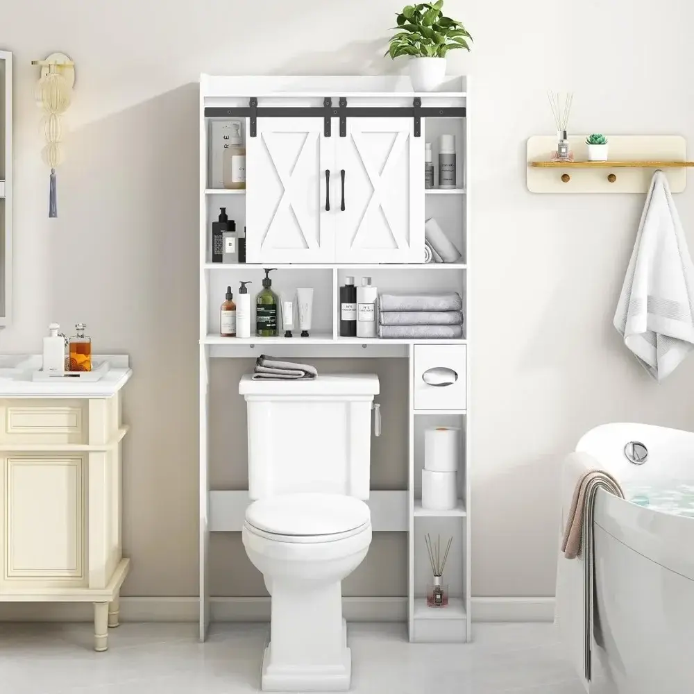 Over The Toilet Storage Cabinet, Farmhouse Storage Cabinet Over Toilet with Sliding Doors，Home Space-Saving Toilet Rack, for Bat