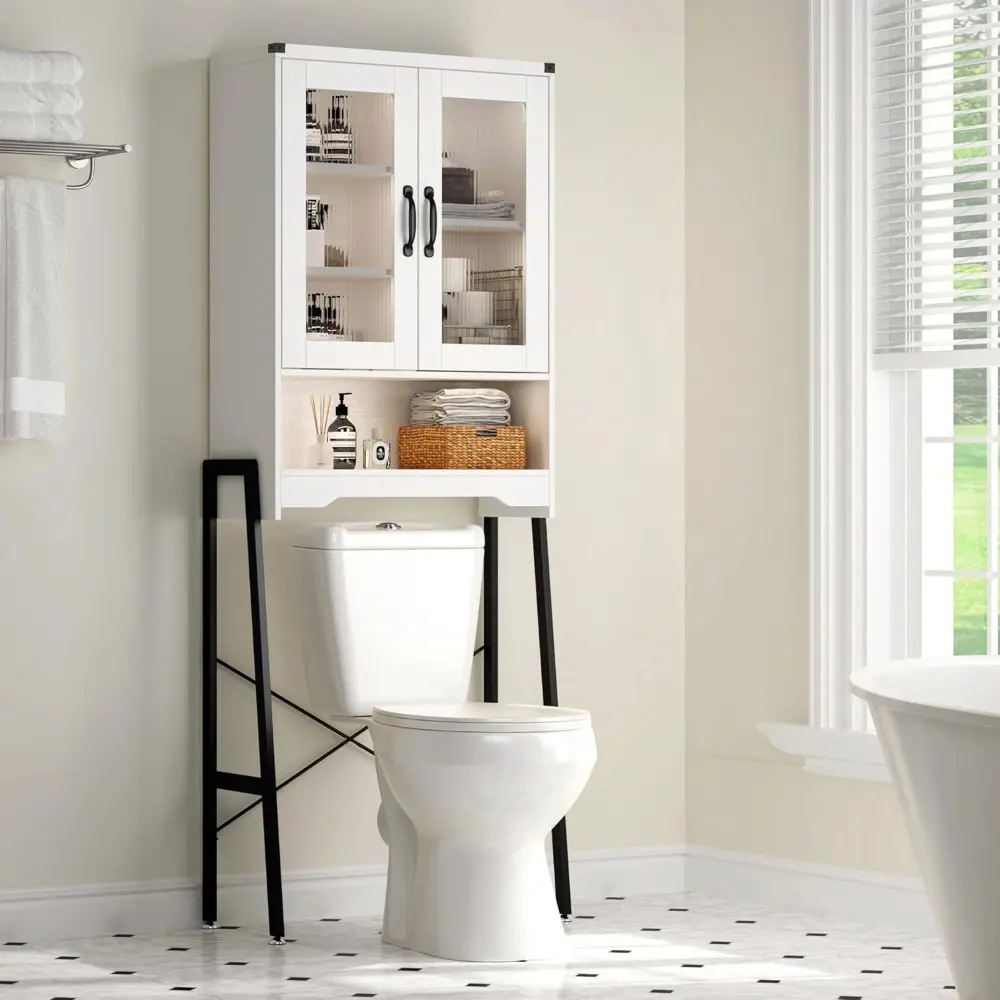 Over The Toilet Storage Cabinet with Tempered Glass Doors & Metal Stand, Over Toilet Organizer with Adjustable Shelf Space Saver