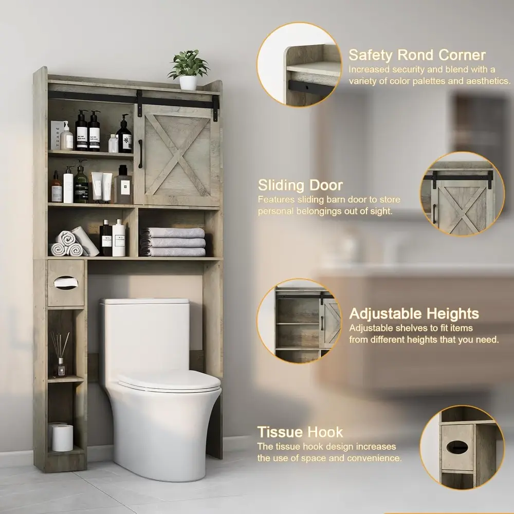 Over The Toilet Storage Cabinet, Farmhouse Storage Cabinet Over Toilet with Sliding Barn Door & Toilet Paper Holder Stand，Home S