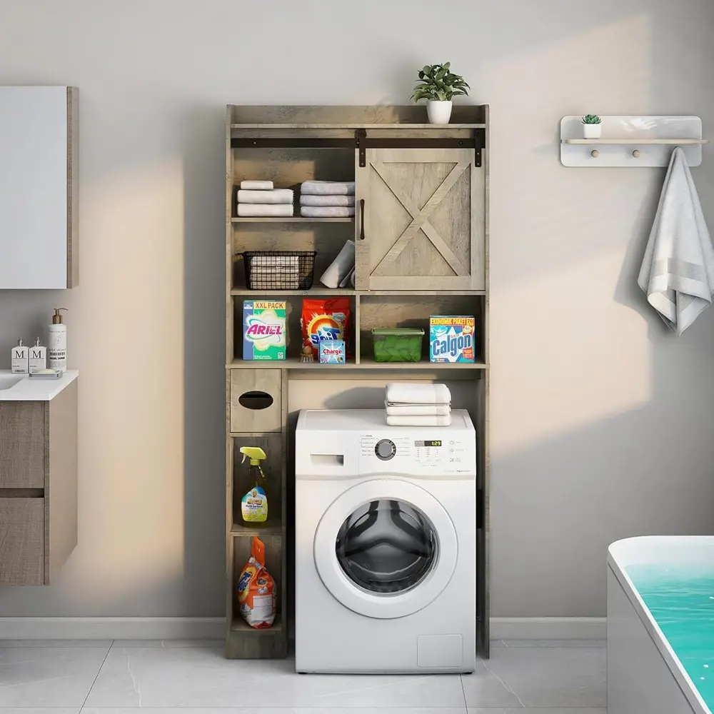 Over The Toilet Storage Cabinet, Farmhouse Storage Cabinet Over Toilet with Sliding Barn Door & Toilet Paper Holder Stand，Home S