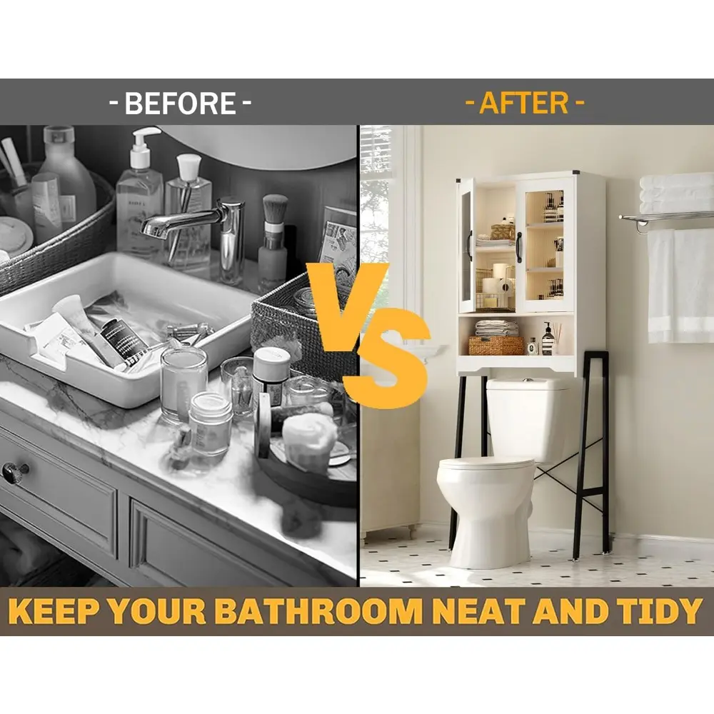 Over The Toilet Storage Cabinet with Tempered Glass Doors & Metal Stand, Over Toilet Organizer with Adjustable Shelf Space Saver