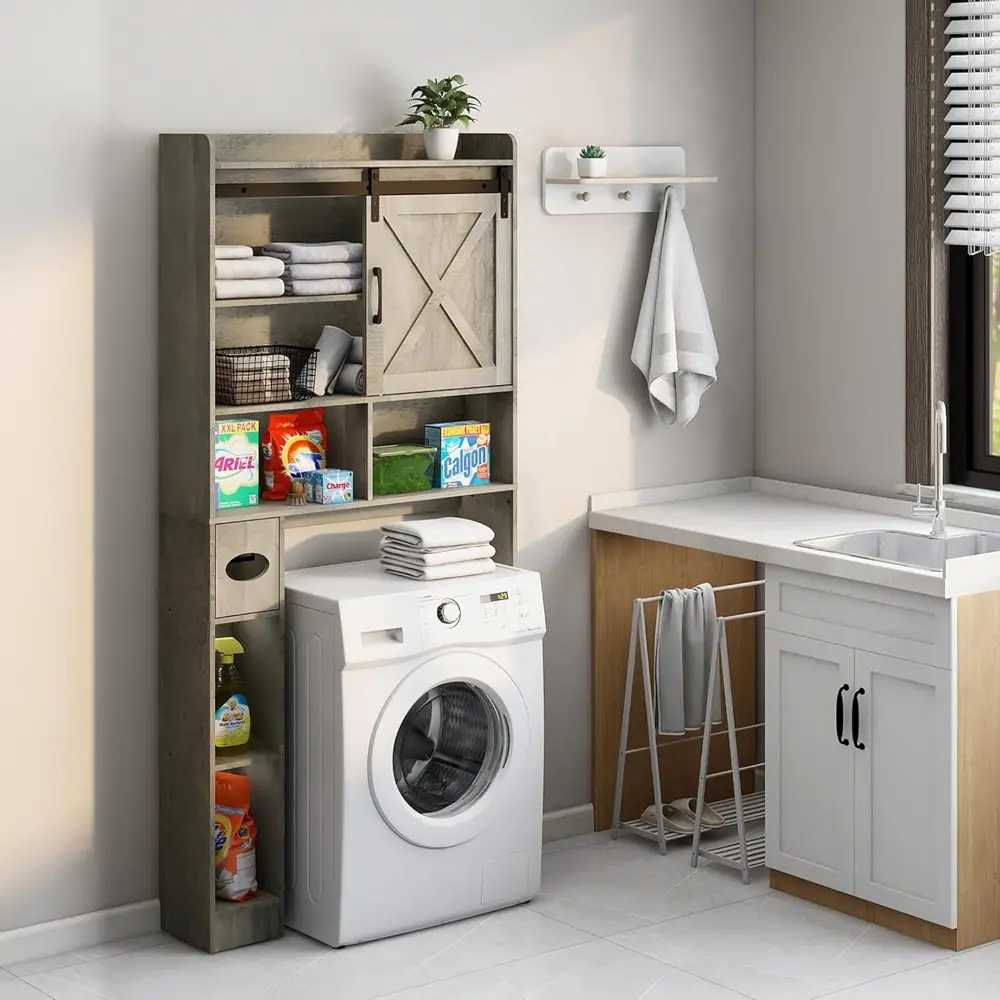 Over The Toilet Storage Cabinet, Farmhouse Storage Cabinet Over Toilet with Sliding Barn Door & Toilet Paper Holder Stand，Home S