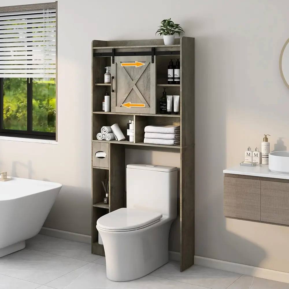 Over The Toilet Storage Cabinet, Farmhouse Storage Cabinet Over Toilet with Sliding Barn Door & Toilet Paper Holder Stand，Home S