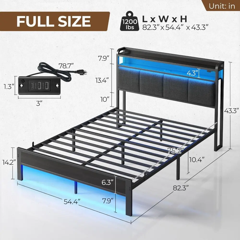 Rolanstar Bed Frame Full Size with Charging Station and LED Lights, Upholstered Headboard with Storage Shelves, Heavy Duty Metal