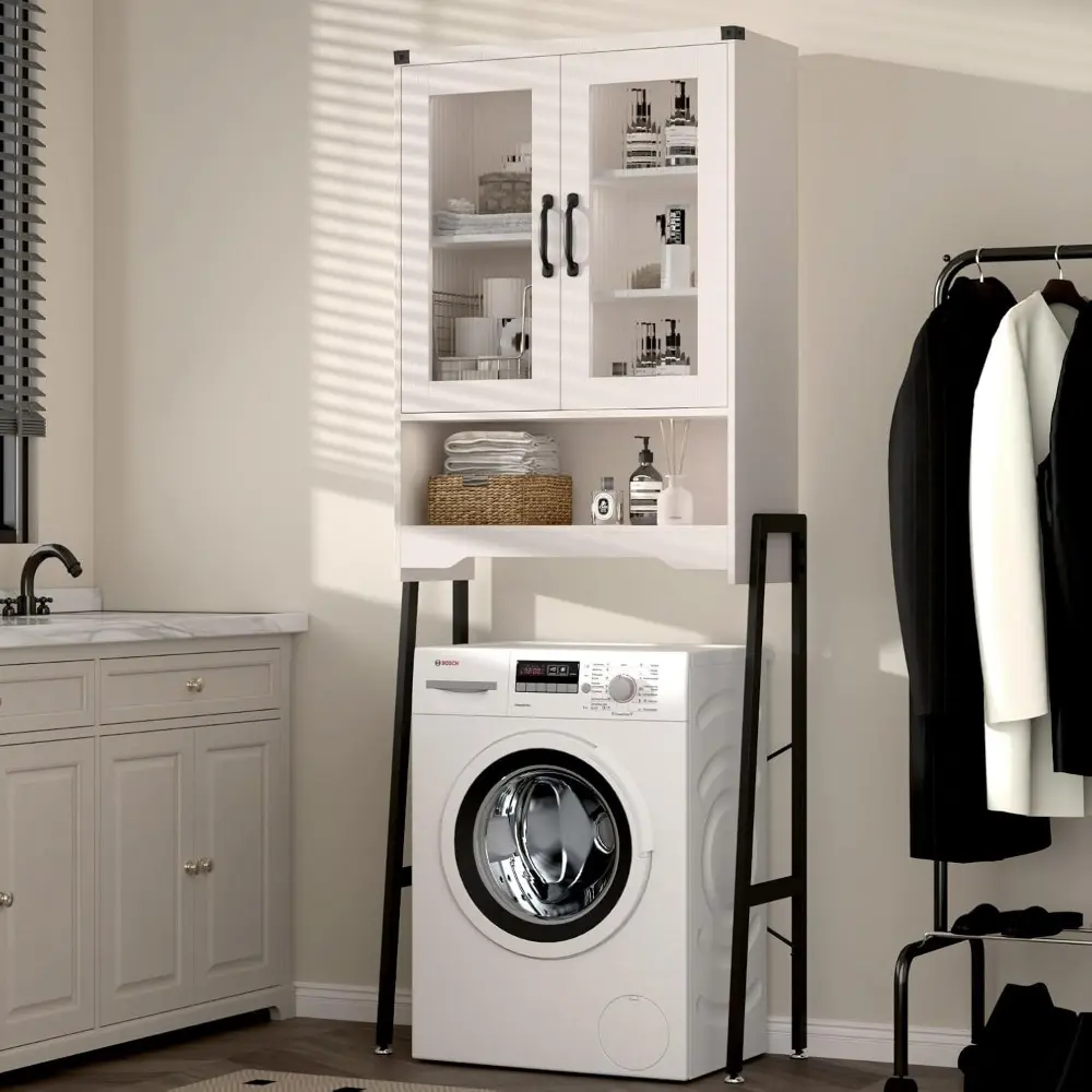 Over The Toilet Storage Cabinet with Tempered Glass Doors & Metal Stand, Over Toilet Organizer with Adjustable Shelf Space Saver