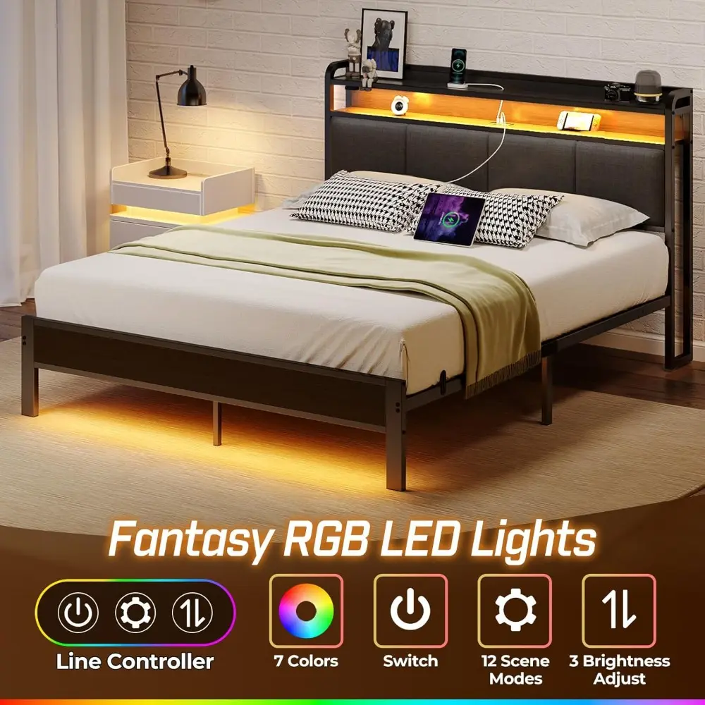 Rolanstar Bed Frame Full Size with Charging Station and LED Lights, Upholstered Headboard with Storage Shelves, Heavy Duty Metal