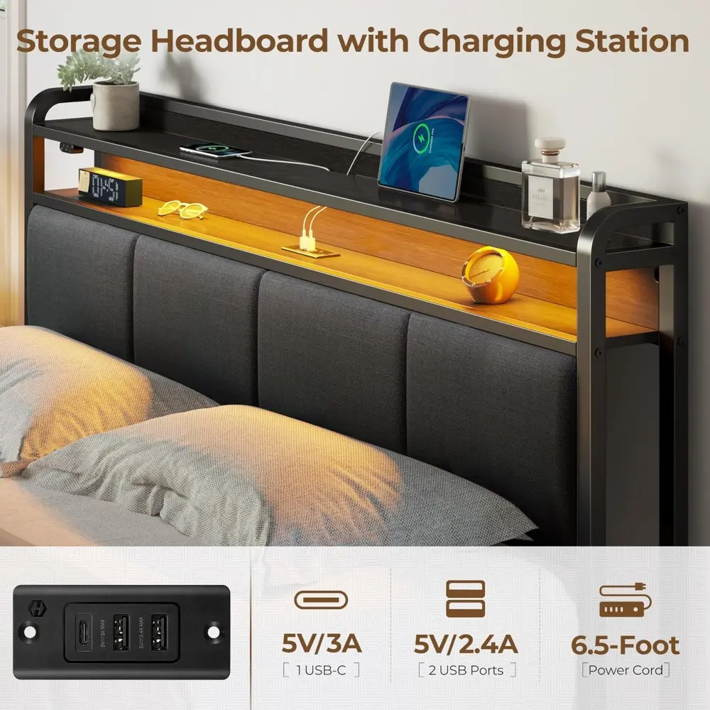 Rolanstar Bed Frame Full Size with Charging Station and LED Lights, Upholstered Headboard with Storage Shelves, Heavy Duty Metal
