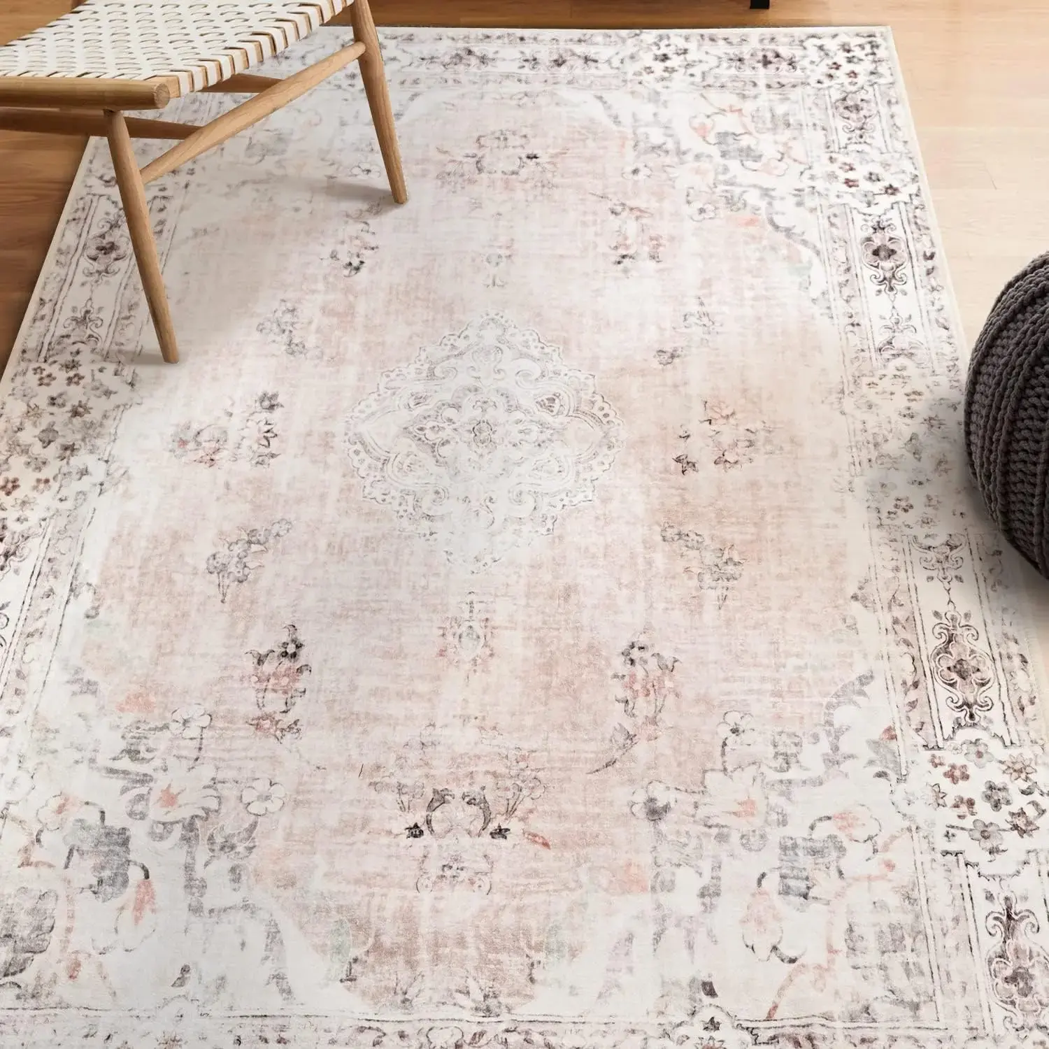Boho Area Rug 3'x5' Machine Washable, Pink Small Non Slip Area Rugs for Entryway Bedroom Bedside Kitchen Hallway Living Room