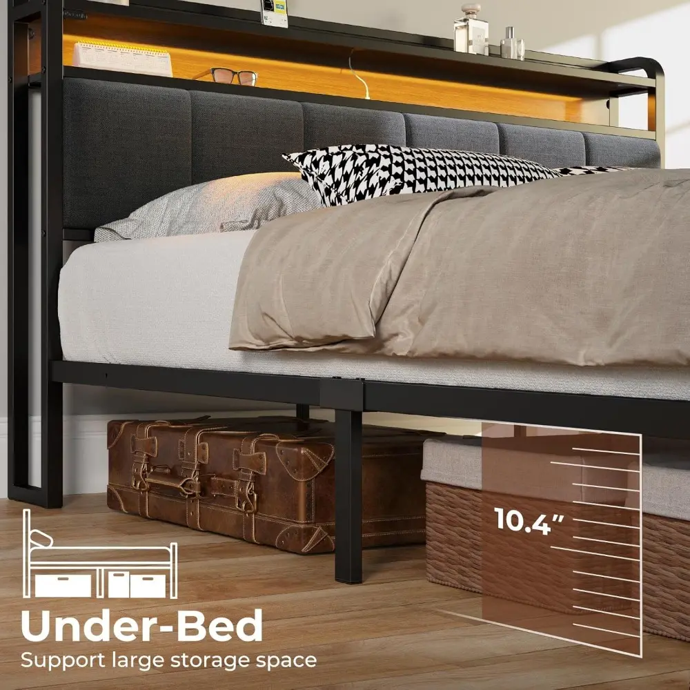 Rolanstar Bed Frame Full Size with Charging Station and LED Lights, Upholstered Headboard with Storage Shelves, Heavy Duty Metal