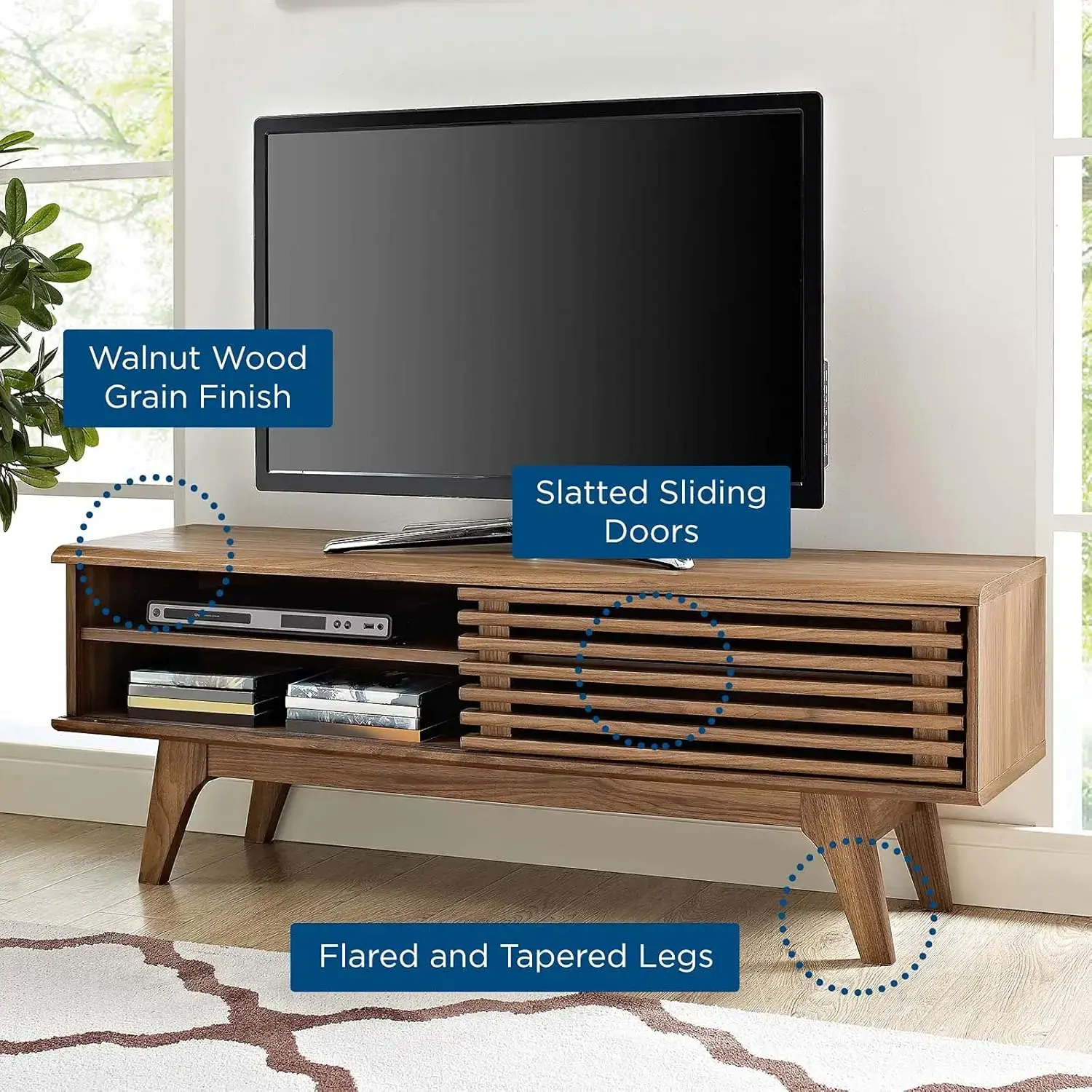 Render 48" Mid-Century Modern Low Profile Media Console TV Stand, 48 Inch, Walnut