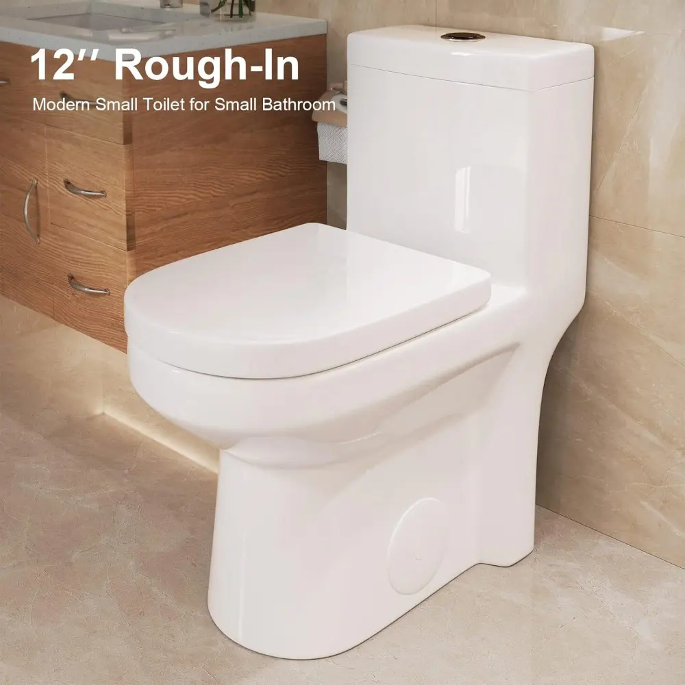 HWMT-8733 Small Compact One Piece Toilet For Bathroom, Powerful & Quiet Dual Flush Modern Toilet, 12'' Rough-In Toilet & Soft C