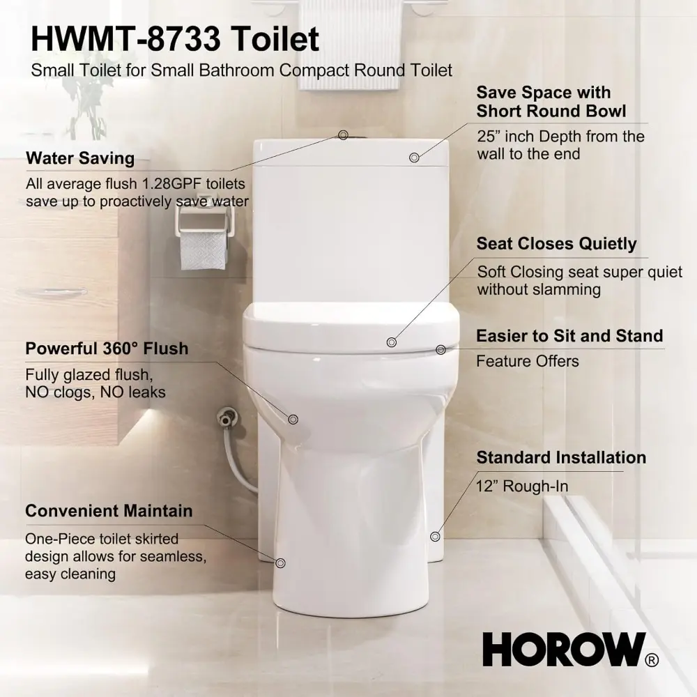 HWMT-8733 Small Compact One Piece Toilet For Bathroom, Powerful & Quiet Dual Flush Modern Toilet, 12'' Rough-In Toilet & Soft C