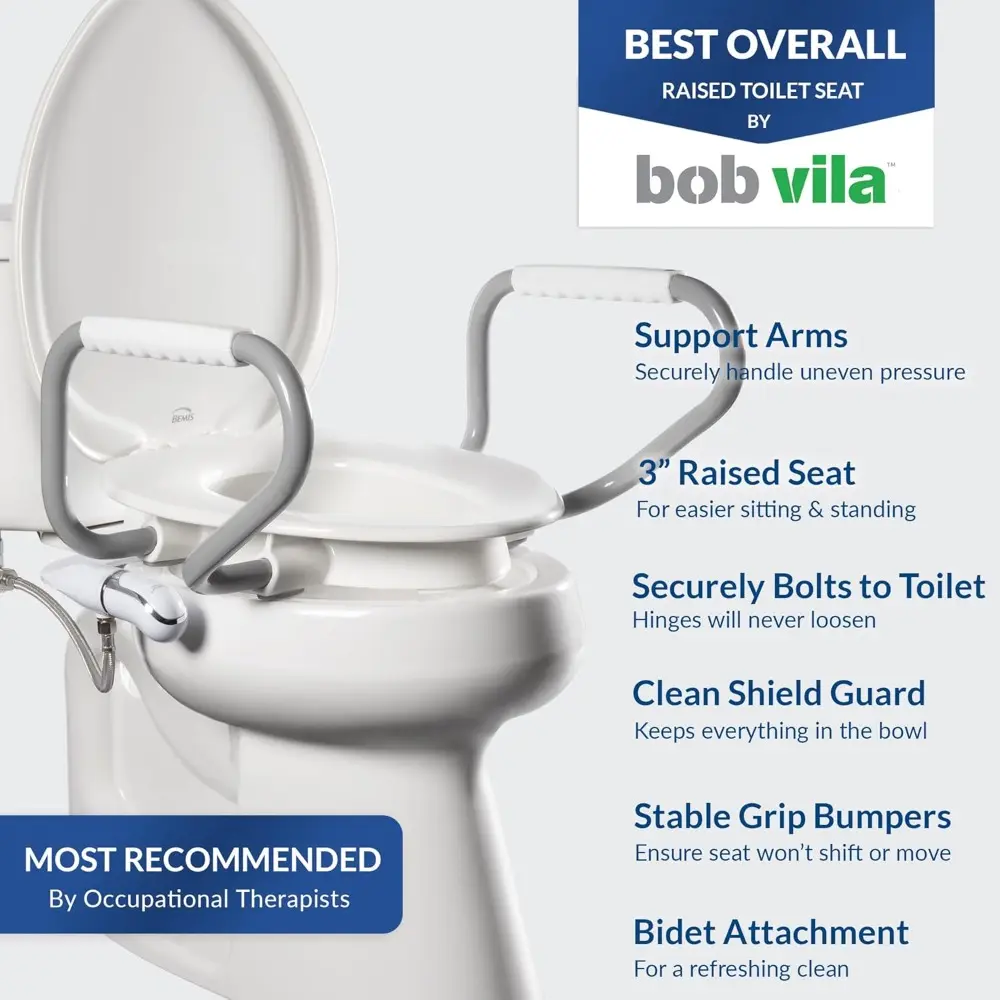 Assurance 3" Raised Toilet Seat with Handles and Bidet Attachment, Clean Shield Guard, Secure Hinges, Elongated, White