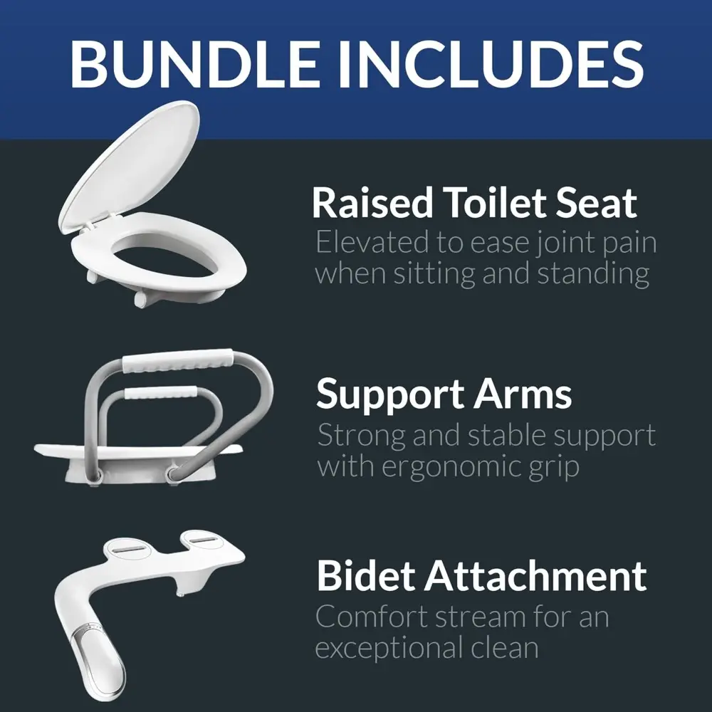Assurance 3" Raised Toilet Seat with Handles and Bidet Attachment, Clean Shield Guard, Secure Hinges, Elongated, White