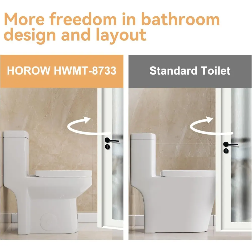 HWMT-8733 Small Compact One Piece Toilet For Bathroom, Powerful & Quiet Dual Flush Modern Toilet, 12'' Rough-In Toilet & Soft C