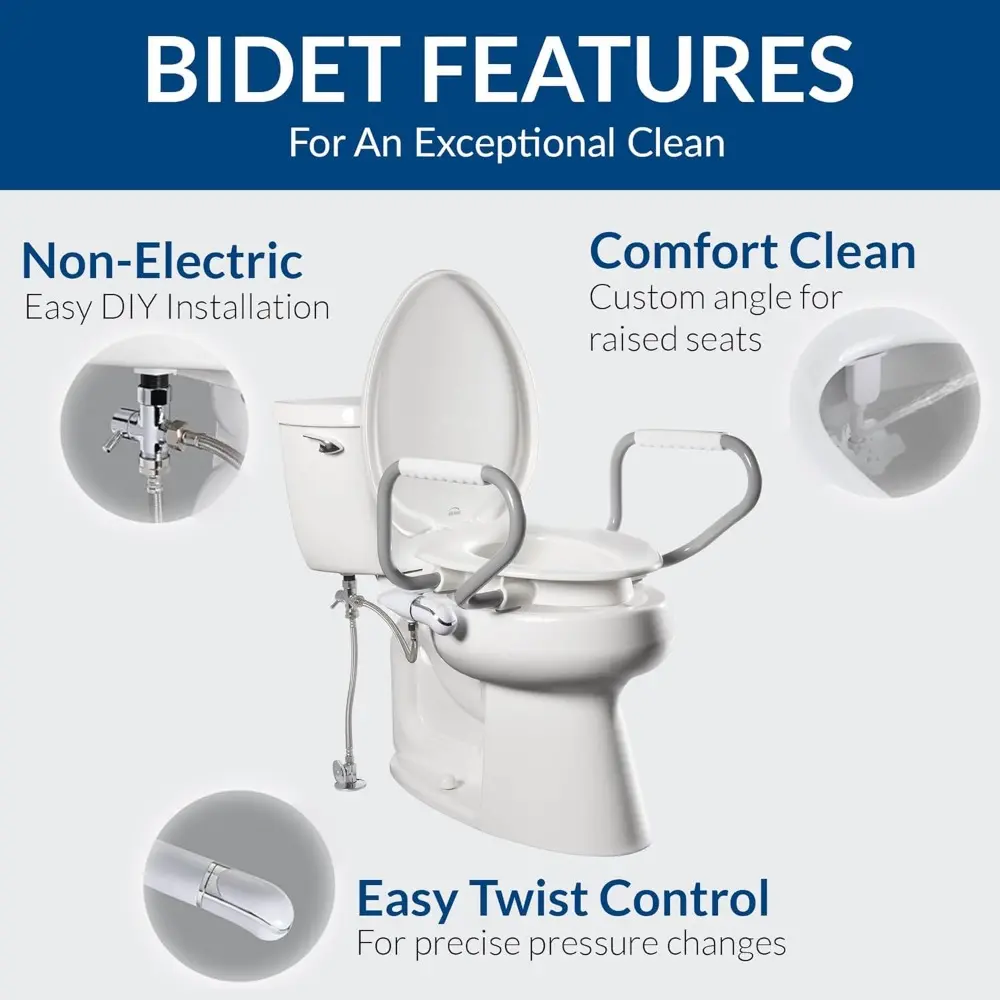 Assurance 3" Raised Toilet Seat with Handles and Bidet Attachment, Clean Shield Guard, Secure Hinges, Elongated, White
