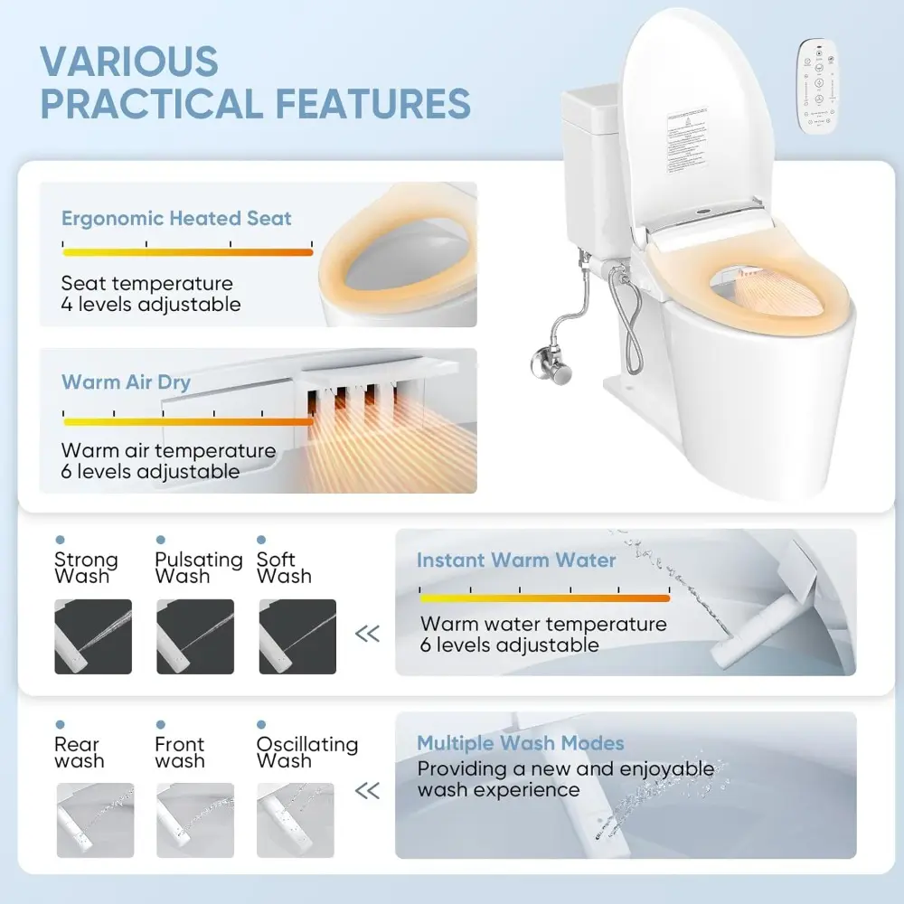 Smart Bidet Toilet Seat with Wireless Remote and Side Panel, Multiple Spray Modes, Adjustable Heated Seat, Warm Water and Air D
