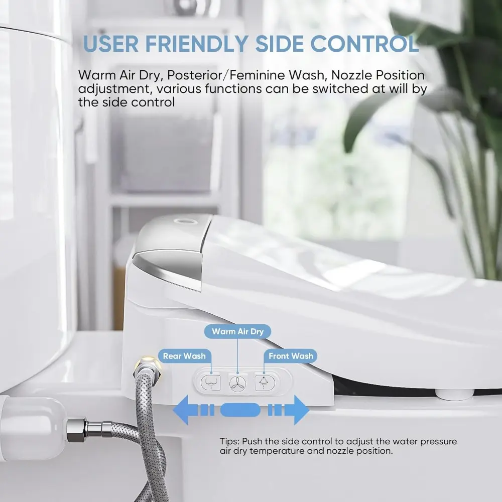 Smart Bidet Toilet Seat with Wireless Remote and Side Panel, Multiple Spray Modes, Adjustable Heated Seat, Warm Water and Air D
