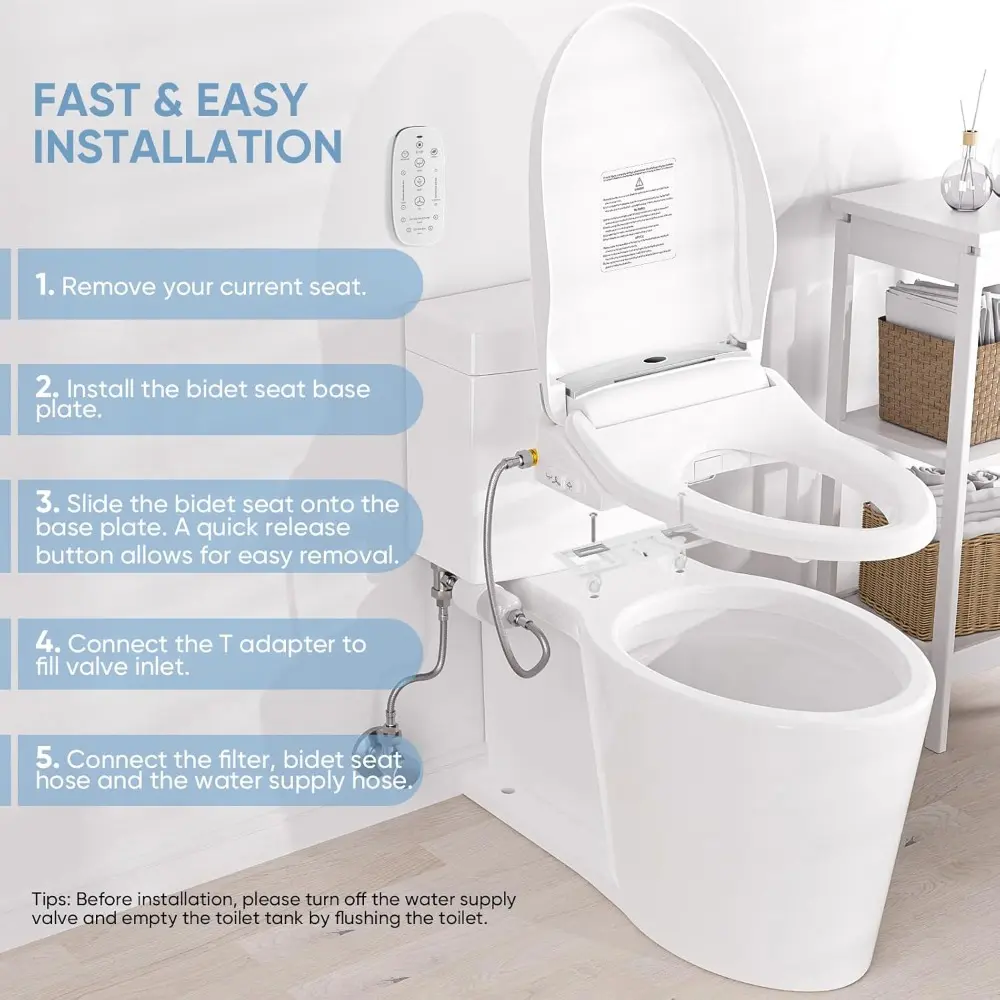 Smart Bidet Toilet Seat with Wireless Remote and Side Panel, Multiple Spray Modes, Adjustable Heated Seat, Warm Water and Air D