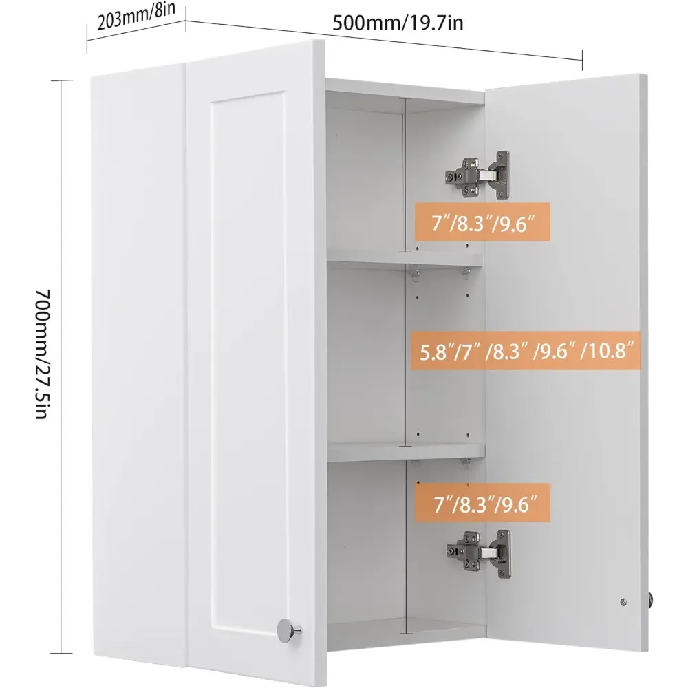 White Wall Mount Cabinet, MDF Over The Toilet Storage Cabinet with Adjustable Shelves, Space Saver 2 Door Medicine Cabinet for B