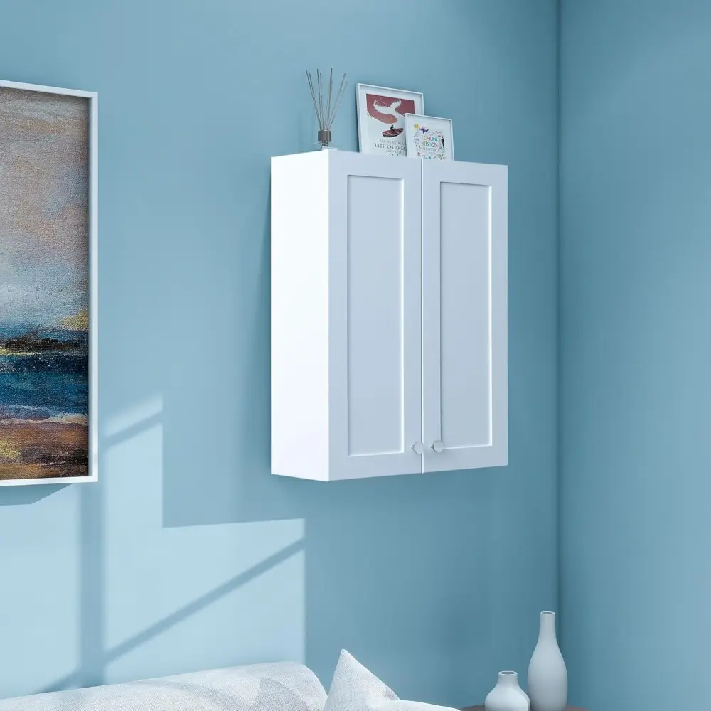White Wall Mount Cabinet, MDF Over The Toilet Storage Cabinet with Adjustable Shelves, Space Saver 2 Door Medicine Cabinet for B