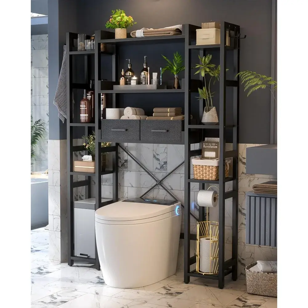 Over The Toilet Storage with 2 Drawers - 11 Tier Bathroom Organizer Freestanding Space Saver Storage Rack with Adjustable Shelf