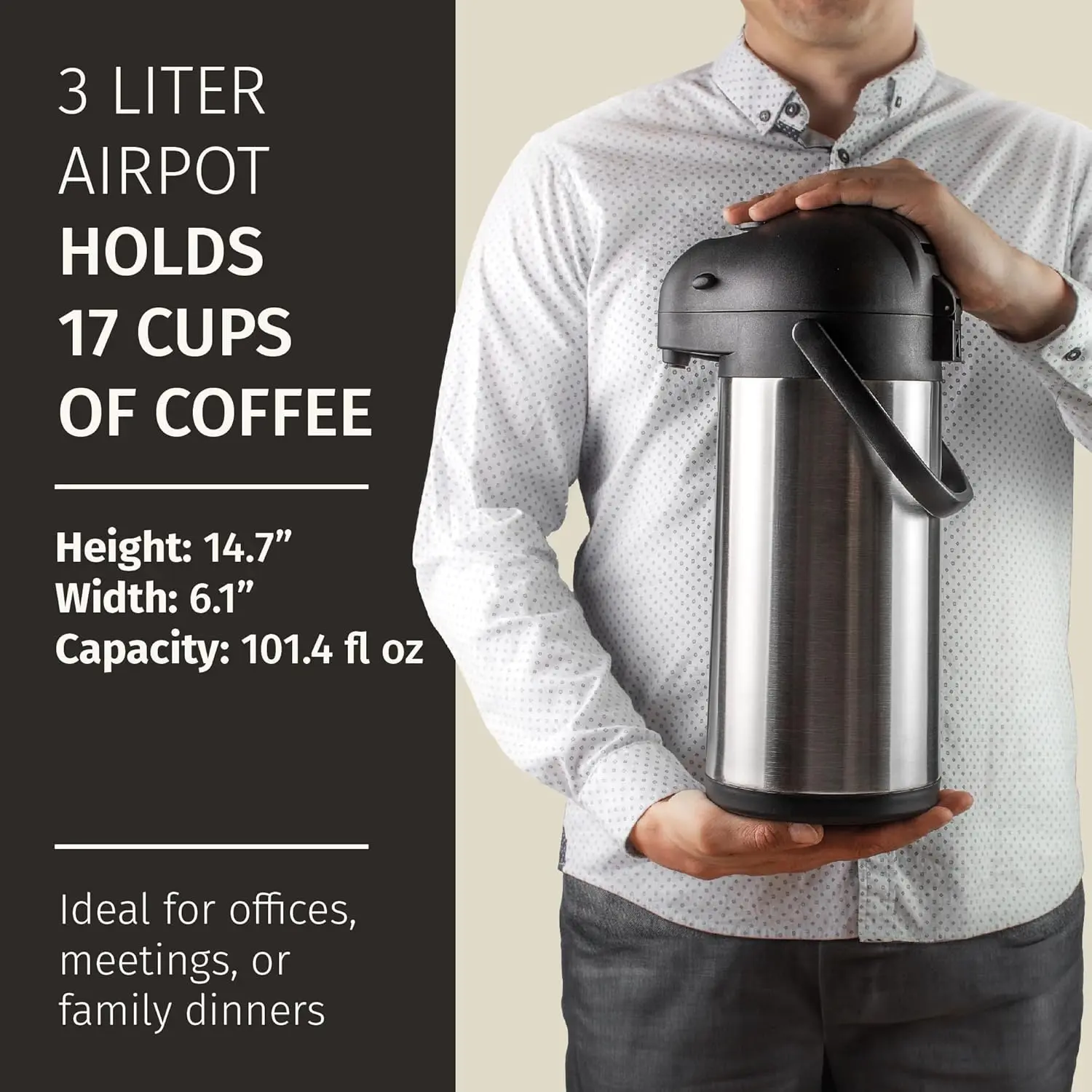 Coffee Carafe with Pump - 102oz / 3L Airpot 12 Hours Large Hot Water Carafe, Cocoa Dispenser for Parties - Tea Flask,