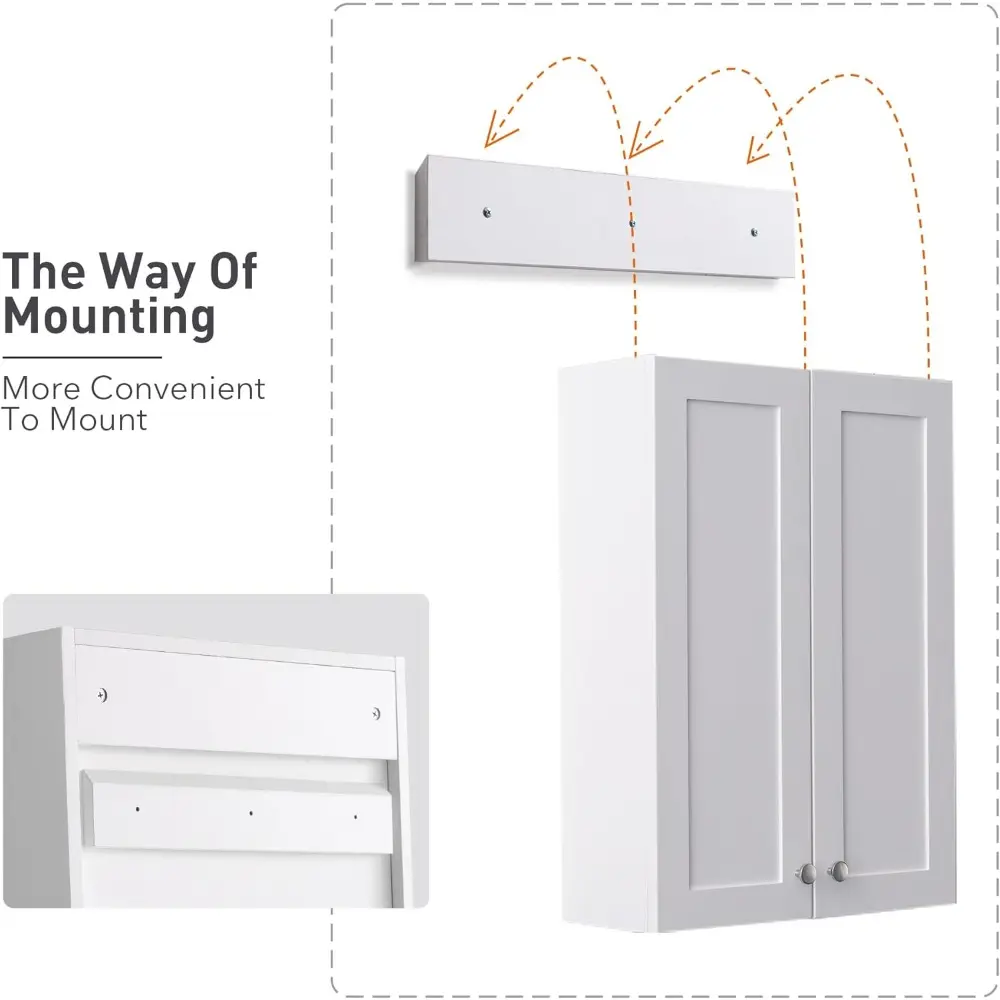 White Wall Mount Cabinet, MDF Over The Toilet Storage Cabinet with Adjustable Shelves, Space Saver 2 Door Medicine Cabinet for B