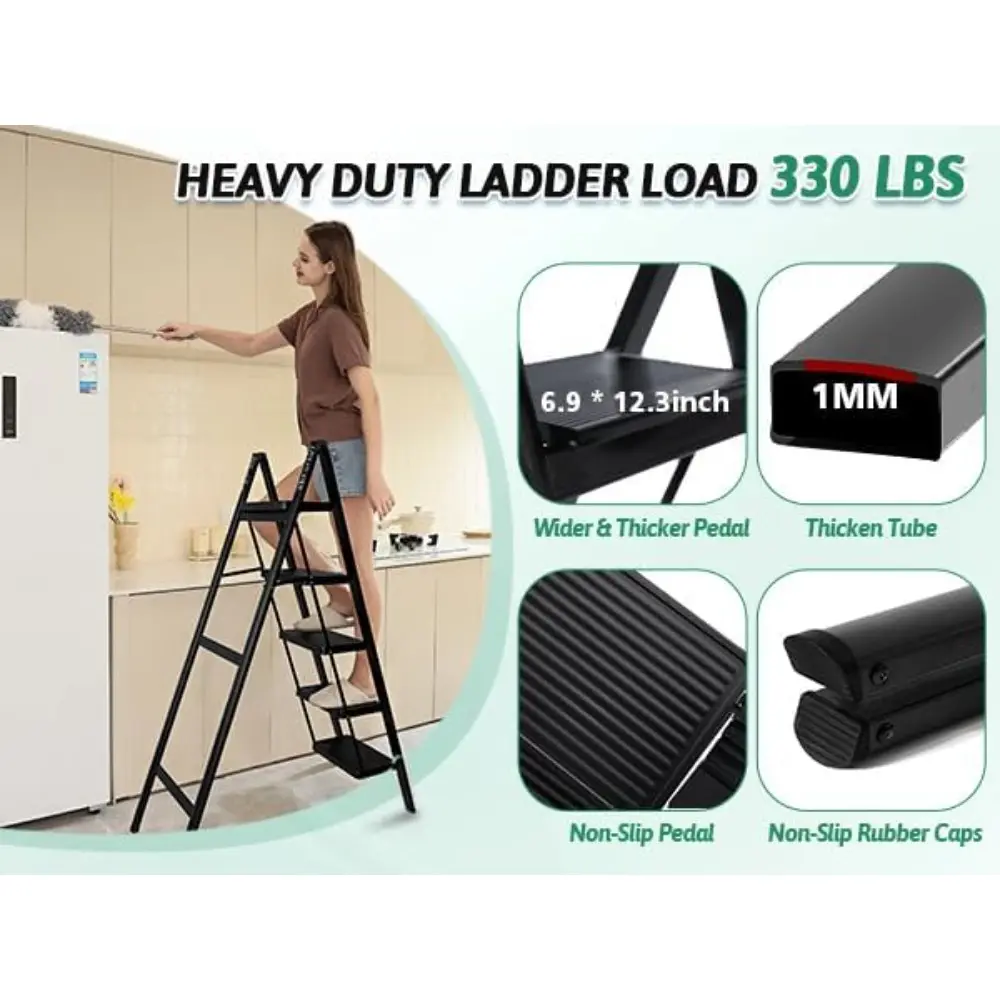 5 Step Folding Heavy Duty Step Ladder, 330 Lbs Load, Black, Iron & Plastic, 46 Inch Tall, Anti-Slip, Multi-Position, Indoor/Outd